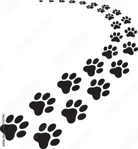 Black paw prints curving across white background track animal