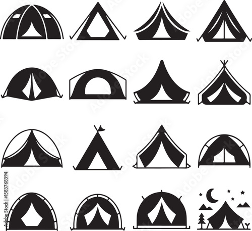 Collection of camping tent silhouettes shelter outdoor