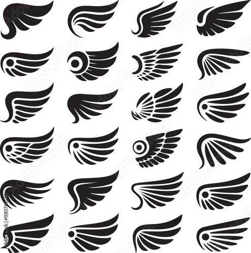 Collection of stylized black wings on white background graphic