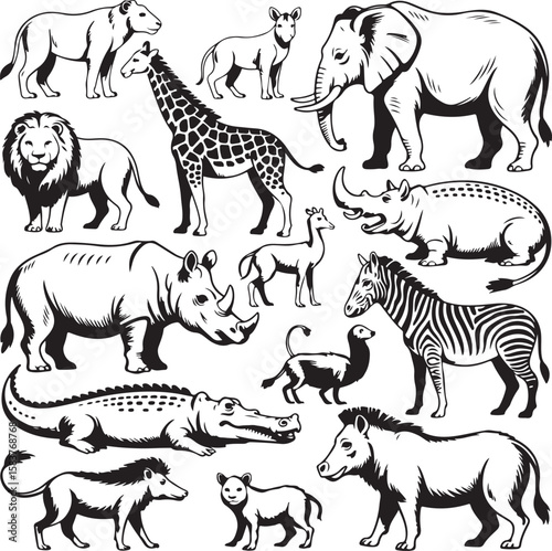 Diverse wildlife collection featuring lions, elephants, giraffes, zebras, and rhinoceros