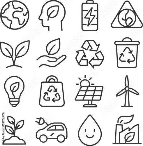 A hand-drawn vector illustration of a doodle ecology icon set, symbolising sustainable design and food