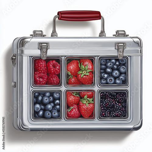 Fruit-filled metal lunchbox with berries and strawberries