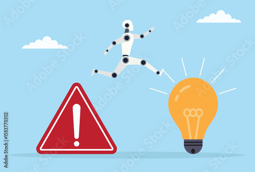 Vector illustration of a robot jumping from a warning icon to a bright light bulb, representing AI transforming risks and challenges into innovative solutions and bright ideas
