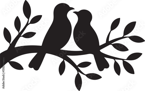 Two birds perched on a branch with leaves nature silhouette