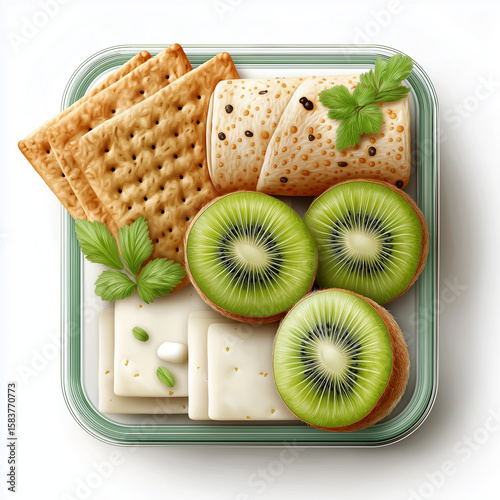 Healthy snack plate with kiwi, cheese, crackers, and herbs