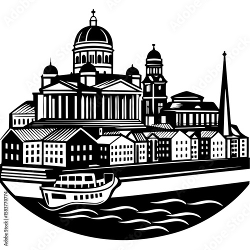 Explore helsinki finland skyline cityscape with boat on water black and white travel destination cityscape art