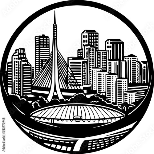 San francisco skyline vector art illustration of city buildings bridge and trees in black and white style