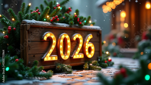 Wooden 2026 sign surrounded by greenery and festive lights at winter celebration.