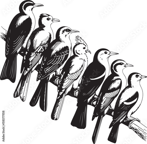 Black and white illustration of seven birds perched on a branch vector