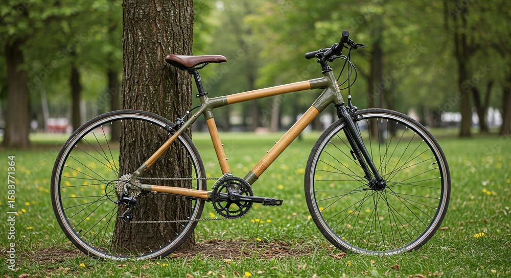 Fototapeta premium Wooden Frame Bicycle Leaning Against Tree in Park on Green Grass