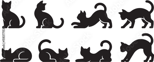 Black cat silhouettes in various poses sitting stretching