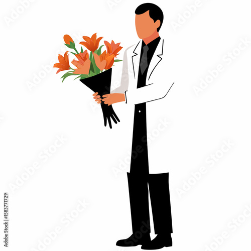 Male doctor holding bouquet of flowers for International Doctor's Day  
