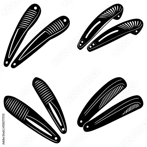 Illustration of four pairs of black hair clips with parallel lines on a white background design element
