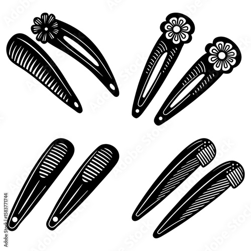 Illustration of four pairs of black hair clips with flower and comb designs on a white background