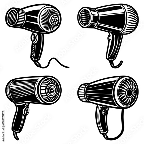 Four hair dryers in black and white with different designs and handle styles in a vector illustration
