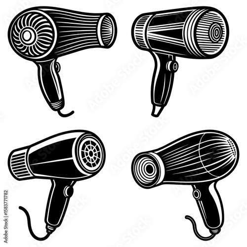 Illustration of four hair dryers in black and white with different designs and orientations shown clearly
