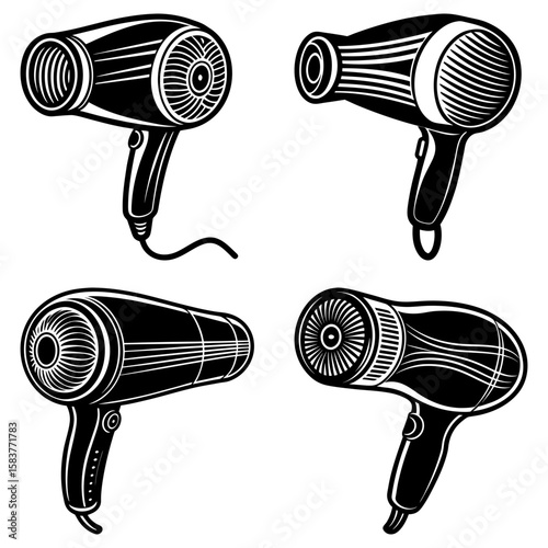 Four black and white illustrations of hair dryers in different styles and orientations on a white background