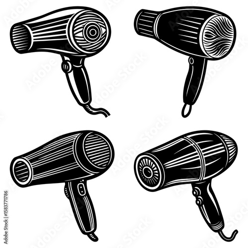 Four black and white illustrations of hair dryers in different styles and orientations on a white background