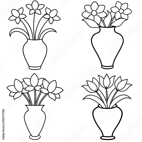 Vase of Flowers Coloring Page – Floral Arrangement Line Art Illustration for Kids and Adults
