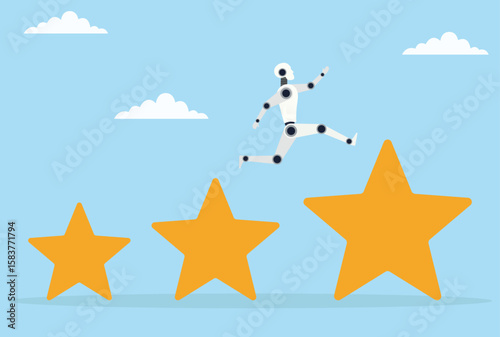 Vector illustration of a robot leaping from a small star icon to a large one, symbolizing AI’s growth from modest beginnings to shining success and greater impact
