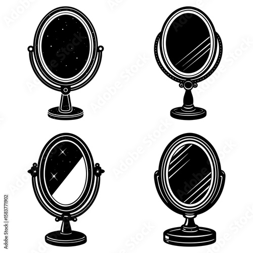 Four vintage vanity mirrors with oval frames and pedestal bases in a monochrome illustration style