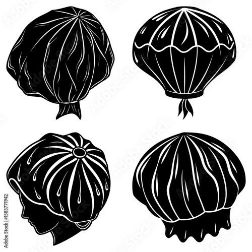 Four shower caps in black and white with different designs and styles for hair protection and hygiene use