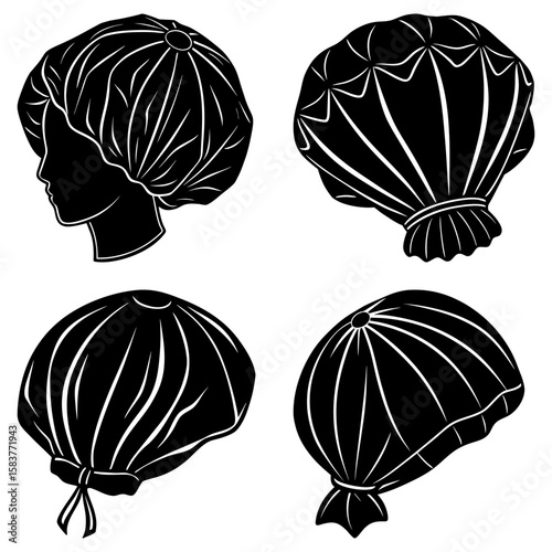 Illustrations depicting various styles of shower caps in black and white with different gather details