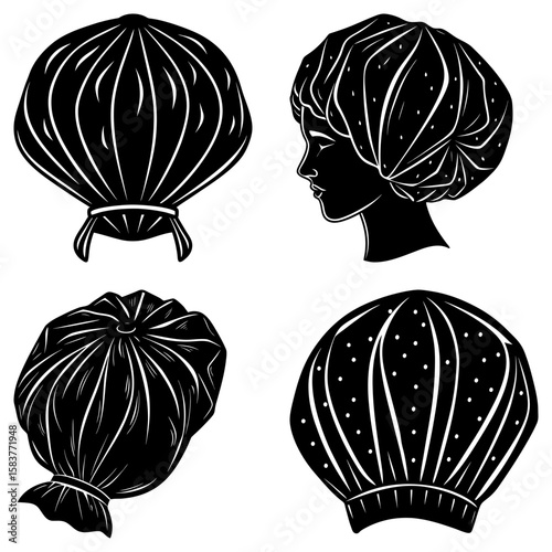 Four black and white illustrations of shower caps with varying designs and one with a woman's silhouette