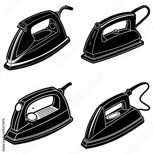 A collection of four black and white illustrations of different styles of electric clothes irons for ironing