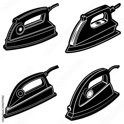 Four black and white illustrations showcasing different styles of electric clothes irons in varying angles