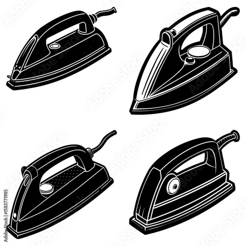 Four different styles of black and white irons with handles and cords displayed on a white background