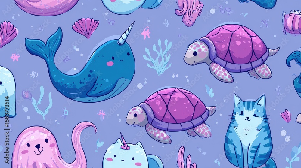 Obraz premium Mermaid seamless pattern. Narwhal and turtle, cartoon cat with fish tail. Cute sea creature, fabric print with beautiful mythical creatures, nowaday vector background, no logos, no brands