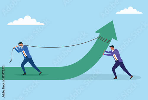 Vector illustration of two businessmen working together, one pulling and one pushing a rising green arrow, symbolizing collaboration driving business growth and success
