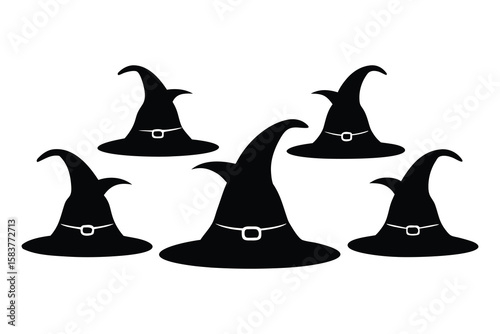 Black witch hats with buckles on white background halloween silhouette