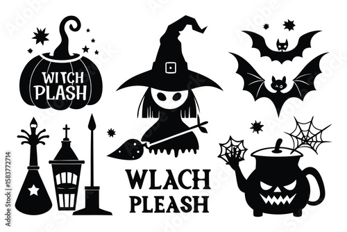 Black silhouette Halloween icons witch pumpkin bats cauldron potion vector