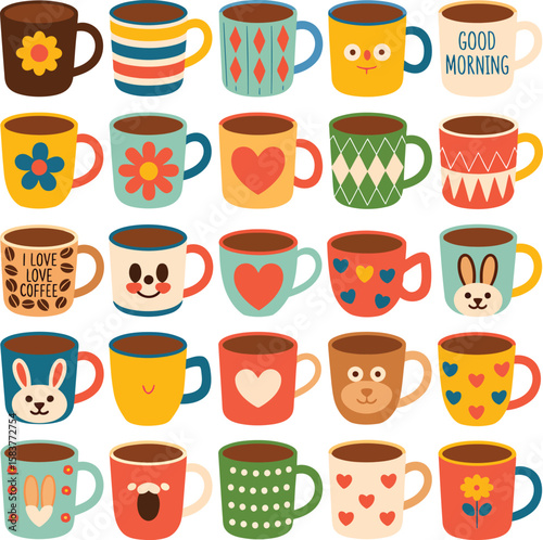 Colorful Coffee Mugs Vector Art Collection of Decorative Cups with Patterns and Designs on Transparent Background for Drinkware