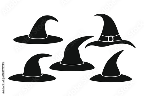 Five unique black witch hats with pointed crowns and wide brims silhouette