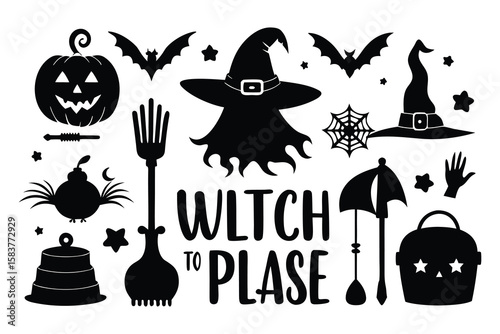 Halloween witchy elements black silhouette collection pumpkin bats