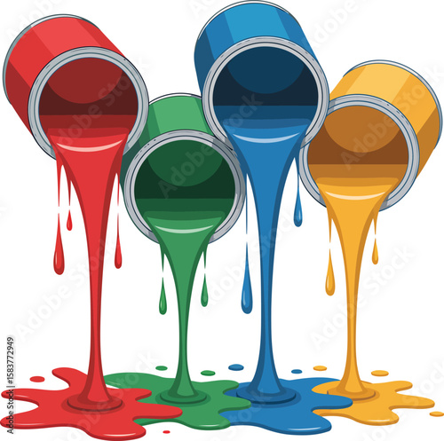 Colorful Paint Cans Pouring Paint Illustration Art Design with Red Green Blue Yellow Colors on Transparent Background