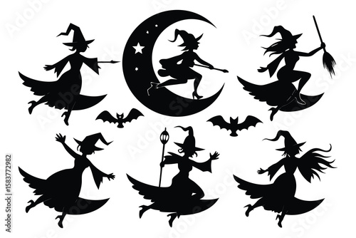 Six black silhouette witches flying on broomsticks and moon crescent moon