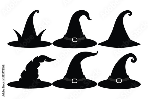 Six black witch hats with varied pointed shapes Halloween silhouettes