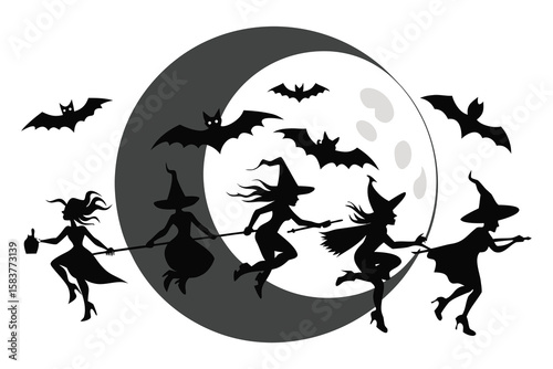Witches flying on broomsticks with bats and moon halloween