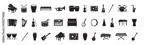 Set of black silhouettes of various musical instruments isolated on white background, graphic illustration. concept of music icons, instruments, design elements, art, decor