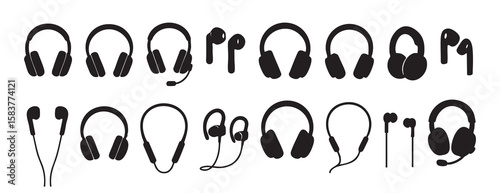 Black silhouettes of various headphones and earphones, isolated on white background, graphic illustration. concept of music, audio technology, sound, gadget, icon, design element