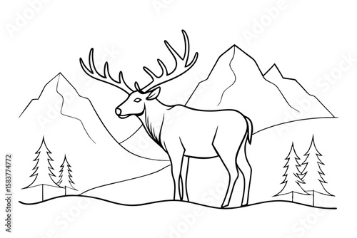 Mountain Valley Moose Standing Line Drawing Nature Adventure Design