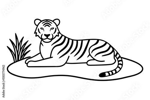 Wild Tiger Relaxing at Waterhole Outline Vector