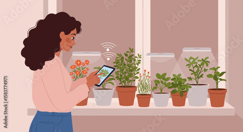 Woman using tablet to monitor plants at home indoor garden  