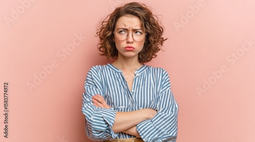 Photo of offended displeased angry woman stands with insulted look and crossed hands, sulks while looking away, wears round glasses and blue striped shirt, isolated over rosy wall, copy space, no log