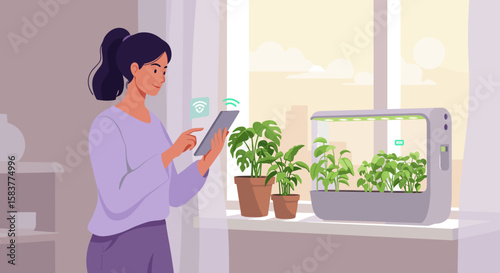 Young woman using smartphone while caring for indoor plants  