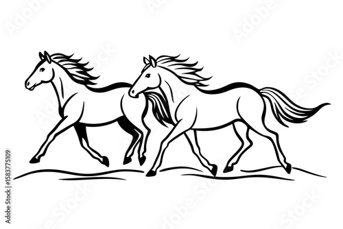 Wild Horses Galloping Free Line Drawing Vector Art
